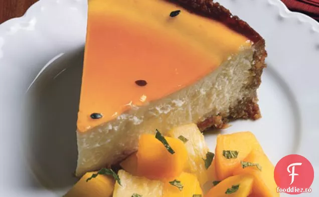 Cheesecake cu nucă de cocos cu glazură de fructe de pasiune