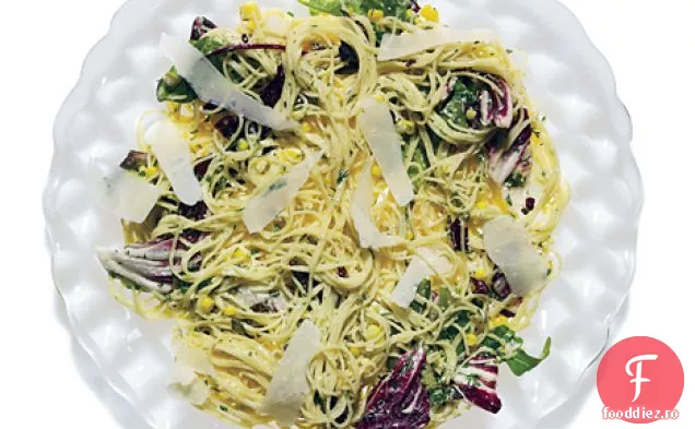 Capellini cu Ricotta proaspătă, usturoi prăjit, porumb și ierburi