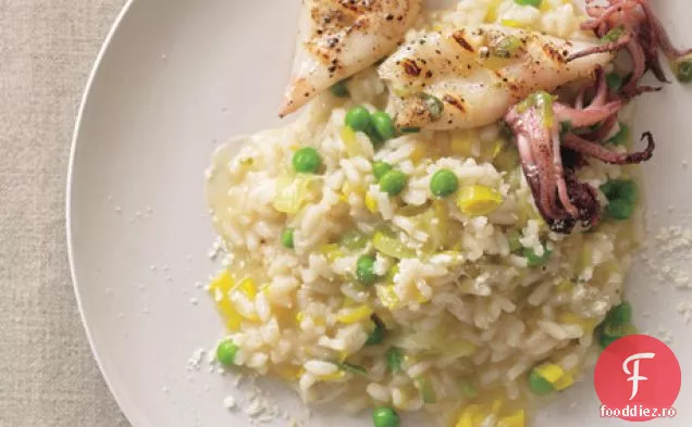 Risotto de praz și mazăre cu Calamari la grătar