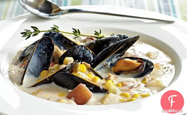 Chowder de porumb, scoici și midii