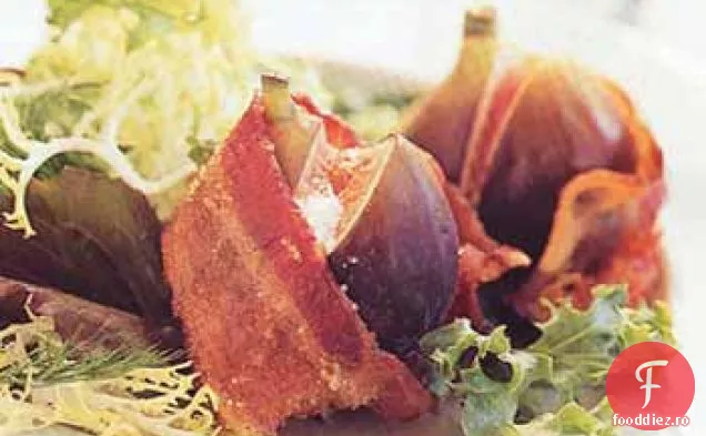Salată Mesclun cu brânză de capră-smochine umplute învelite în slănină