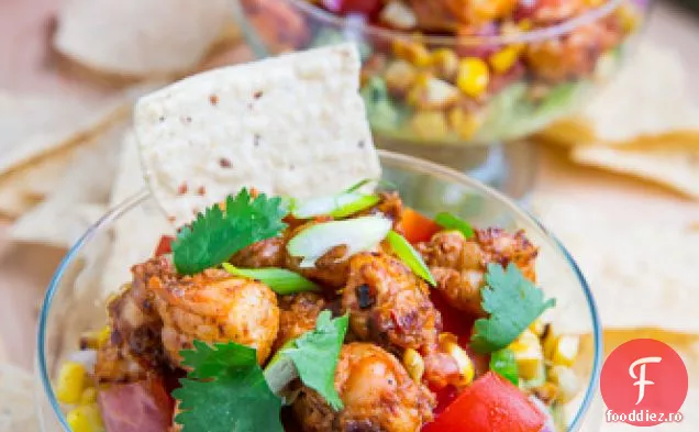 Chipotle Lime creveți și guacamole Dip cu roșii și porumb carbonizat