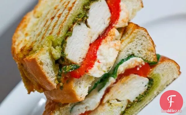 Panini de pui și ardei roșu prăjit cu Pesto de coriandru și Feta
