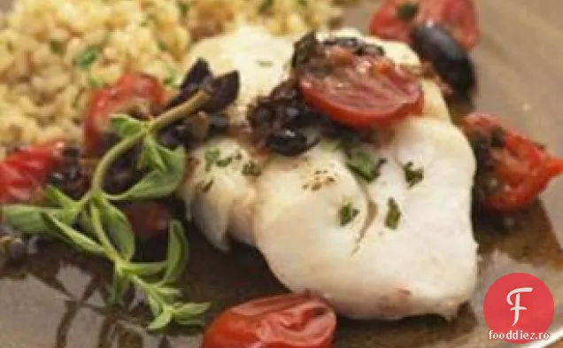 Cod prăjit cu tapenadă caldă de roșii-măsline-caper