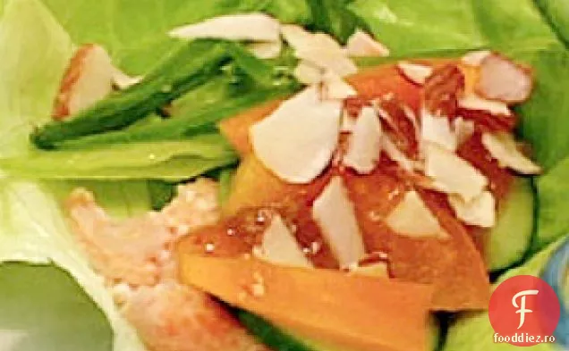 Salată de somon ușor braconată se înfășoară cu un sos de scufundare cu caise