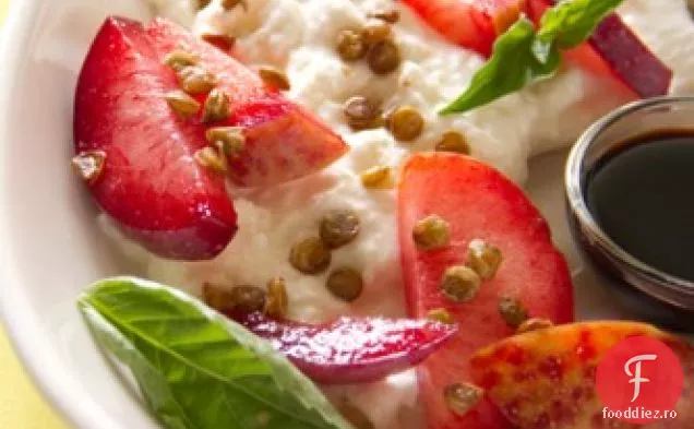 Prune cu Burrata și linte prăjită crocantă