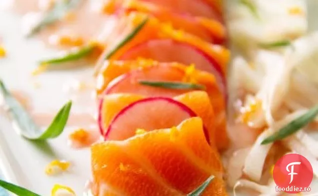 Crudo de burtă de somon cu Gastrique de fenicul și mandarină