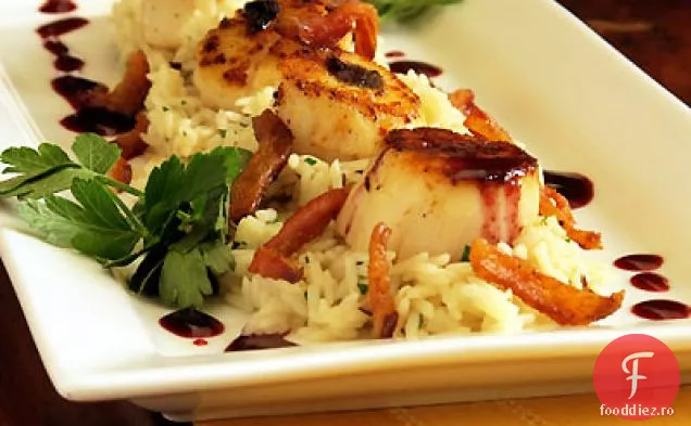 Scoici prăjite cu sos picant de mure, Risotto Guanciale și Shiitake