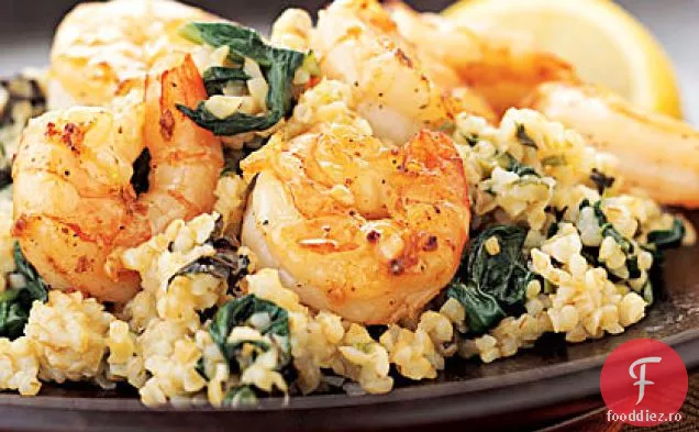 Risotto Bulgur de lămâie-mentă cu creveți de usturoi