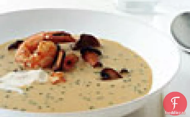 Cremă de supă de porumb Cope cu creveți și ciuperci sălbatice