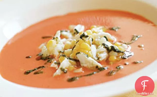Supă De Roșii Răcită Cu Salată De Crab Și Pistou