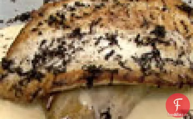 Calcan sotat cu andive fierte, Flan de rădăcină de țelină, trufe negre și Nage de usturoi