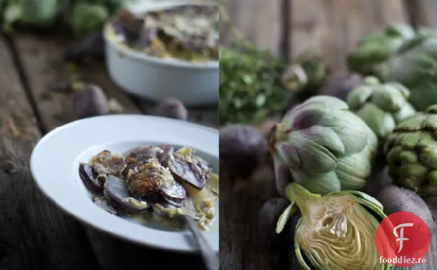 Cartofi mov și anghinare Gratin