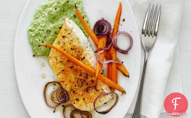 Halibut fript cu piure de Ricotta-mazăre