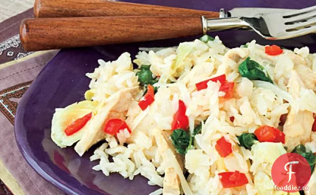 Pui de lămâie și orez de iasomie cu spanac și anghinare