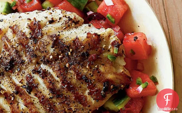 Grouper la grătar cu Salsa de pepene verde