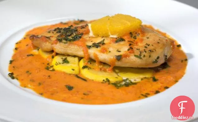 Scaloppine de pui portocaliu și Escabeche de Squash Sunburst cu piure de piper prăjit