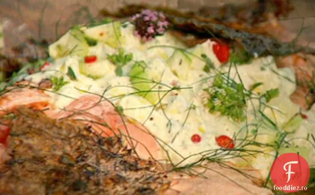 Partea crocantă la grătar a grătarului de somon cu iaurt de castraveți