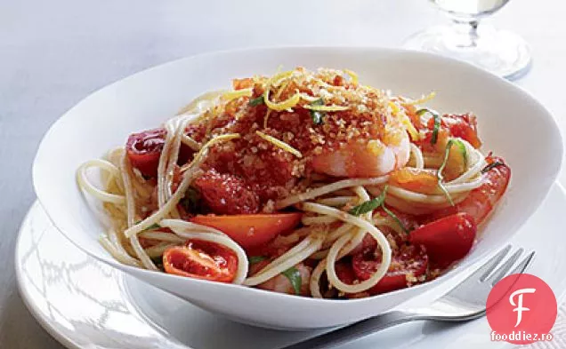 Spaghettini cu creveți, roșii și firimituri de Chile