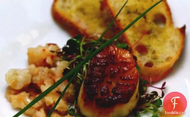 Scoici tocite peste micro verde cu tarhon portocaliu Vinaigrette cu unt homar fiert în apă