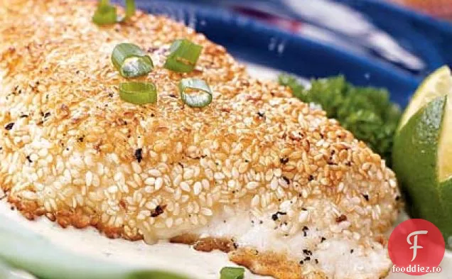 Halibut cu crustă de susan cu sos de smântână Poblano