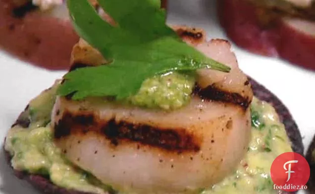 Scoici de mare la grătar pe chipsuri de Tortilla cu piure de Avocado și pesto Jalapeno 2