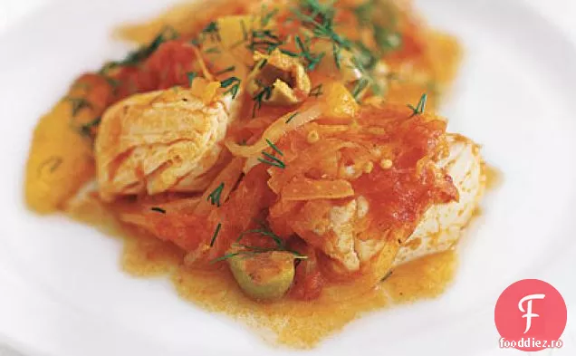 Halibut cu roșii, portocale și mărar