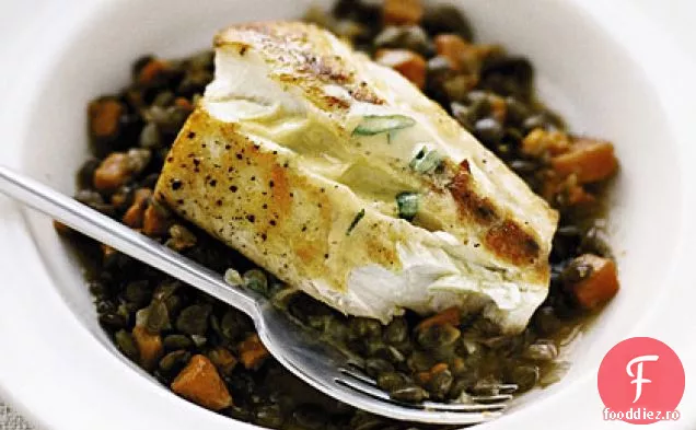 Halibut cu linte și sos de muștar