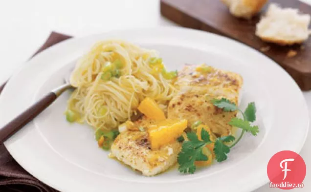 Halibut cu portocale și paste cu păr de înger