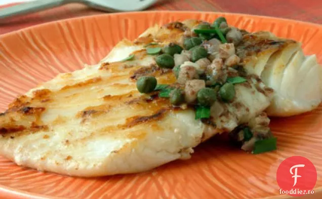 Halibut la grătar cu vinaigretă cu capere de lămâie