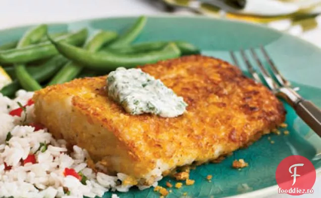 Halibut cu crustă de fulgi de porumb cu Chile-Cilantro Aioli