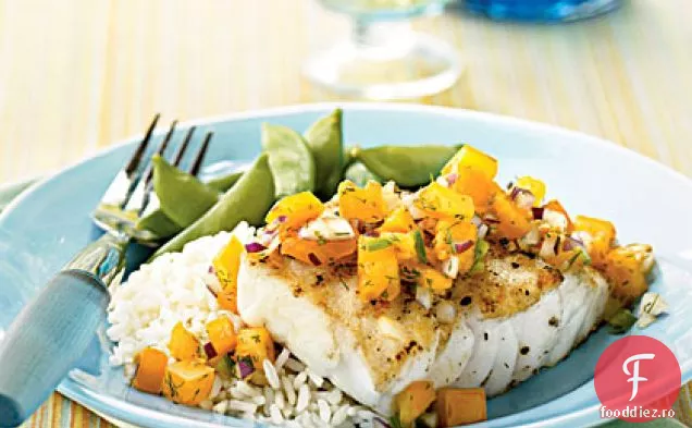 Halibut cu roșii de curmal și mărar