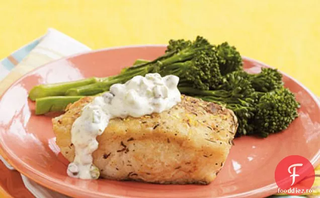 Halibut prăjit în tigaie cu sos de Cornichon