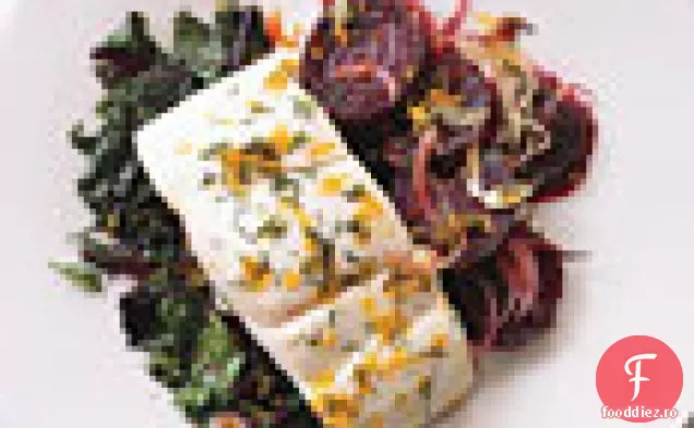 Halibut cu sfeclă prăjită, verdeață de sfeclă și Gremolata de mărar-portocală