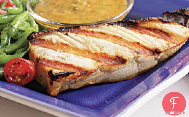 Halibut la grătar cu maioneză de tarhon-caper