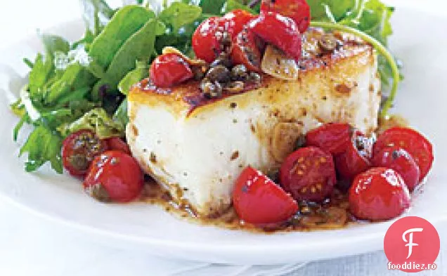 Sear rapid-Halibut prăjit cu roșii și capere