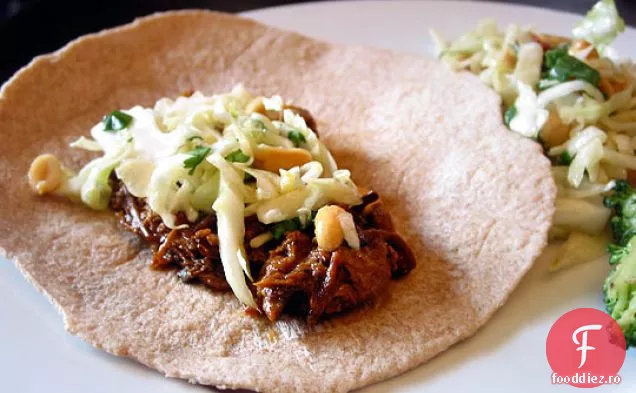 Hoisin gătit lent și învelișuri de porc cu ghimbir cu Slaw de arahide