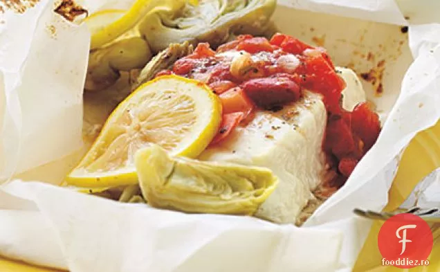 Lemon-anghinare Halibut en Papillote