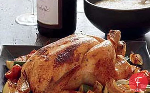 Pui cu roșii prăjite lent și crupe de brânză