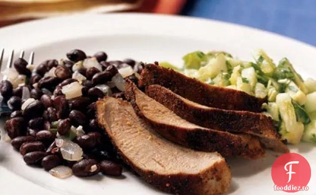 Carne de porc condimentată cu chimen cu Avocado-Salsa Tomatillo