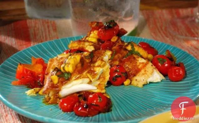 Halibut la grătar cu sos curry de porumb-nucă de cocos și Chutney de roșii Cherry la grătar