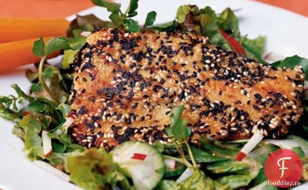 Mahi mahi cu crustă de susan cu salată de castraveți-Nasturel