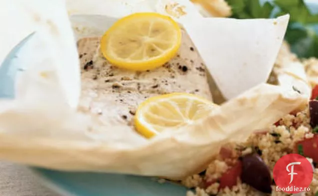 Mahimahi mediteranean în pergament cu cuscus