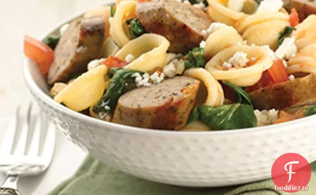 Orecchiette cu roșii uscate, cârnați de pui și spanac