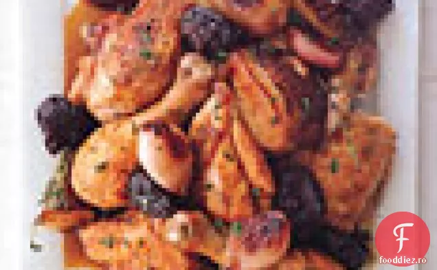 Pui cu șalotă, prune uscate și Armagnac