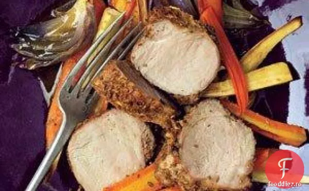 Carne de porc cu crustă de fenicul cu legume rădăcinoase prăjite