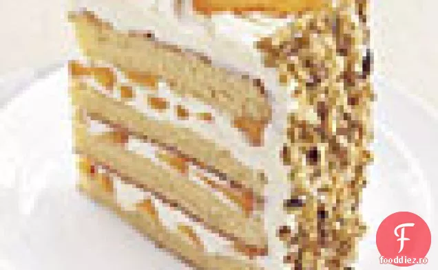 Tort cu strat de ciocolată albă cu umplutură de caise și cremă de unt de ciocolată albă
