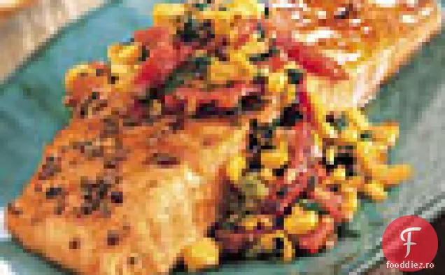 Somon prăjit cu ardei roșu și gust de porumb