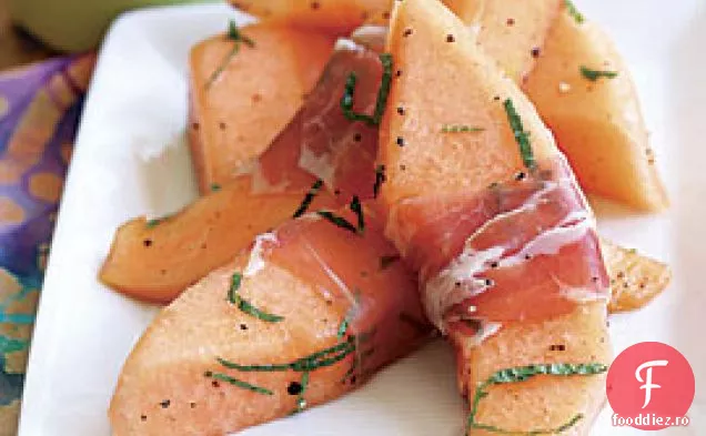 Prosciutto-pepene galben învelit cu mentă și oțet Balsamic alb