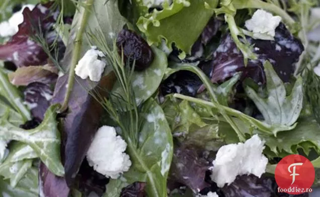Salată Tânără De Câmp Verde Și Ierburi Cu Cireșe Uscate, Brânză De Capră